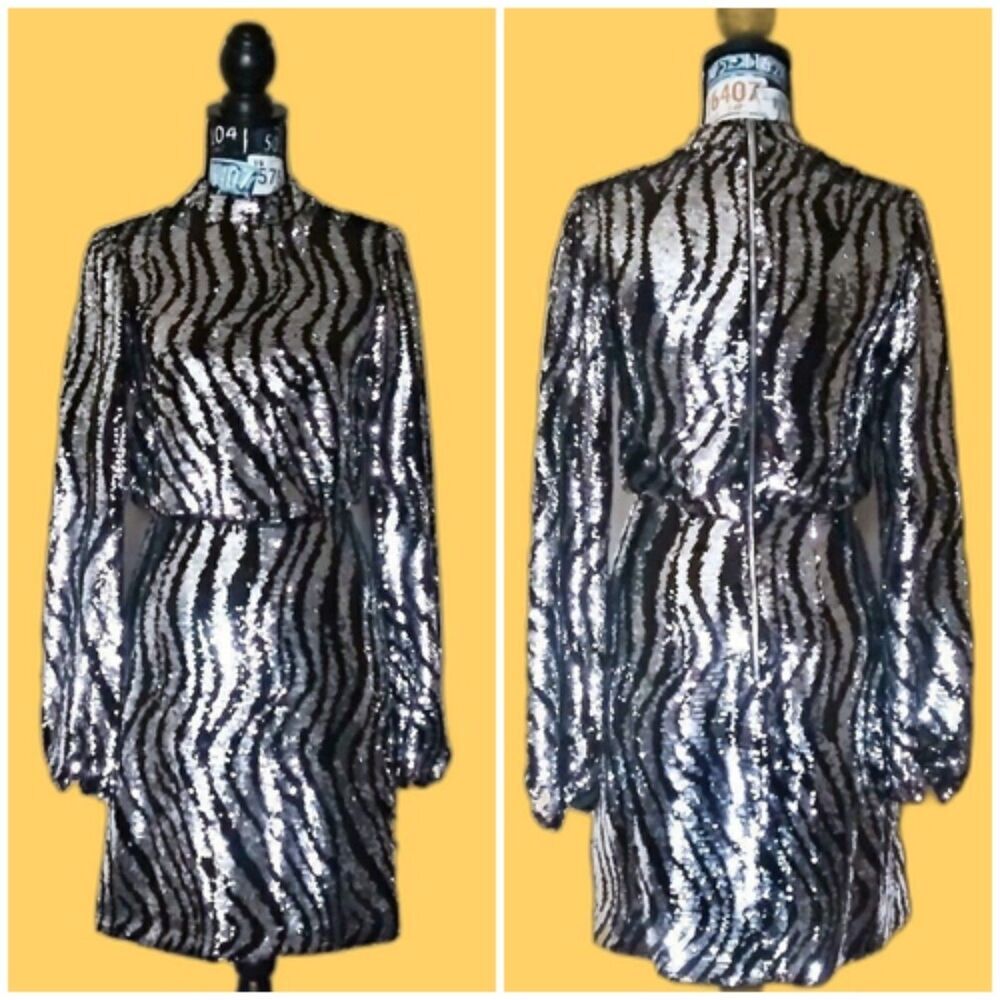TED BAKER Sequin Mini Dress Animal Striped Print Mock Neck LS Silver Sz 0-2 / XS - Picture 3 of 16